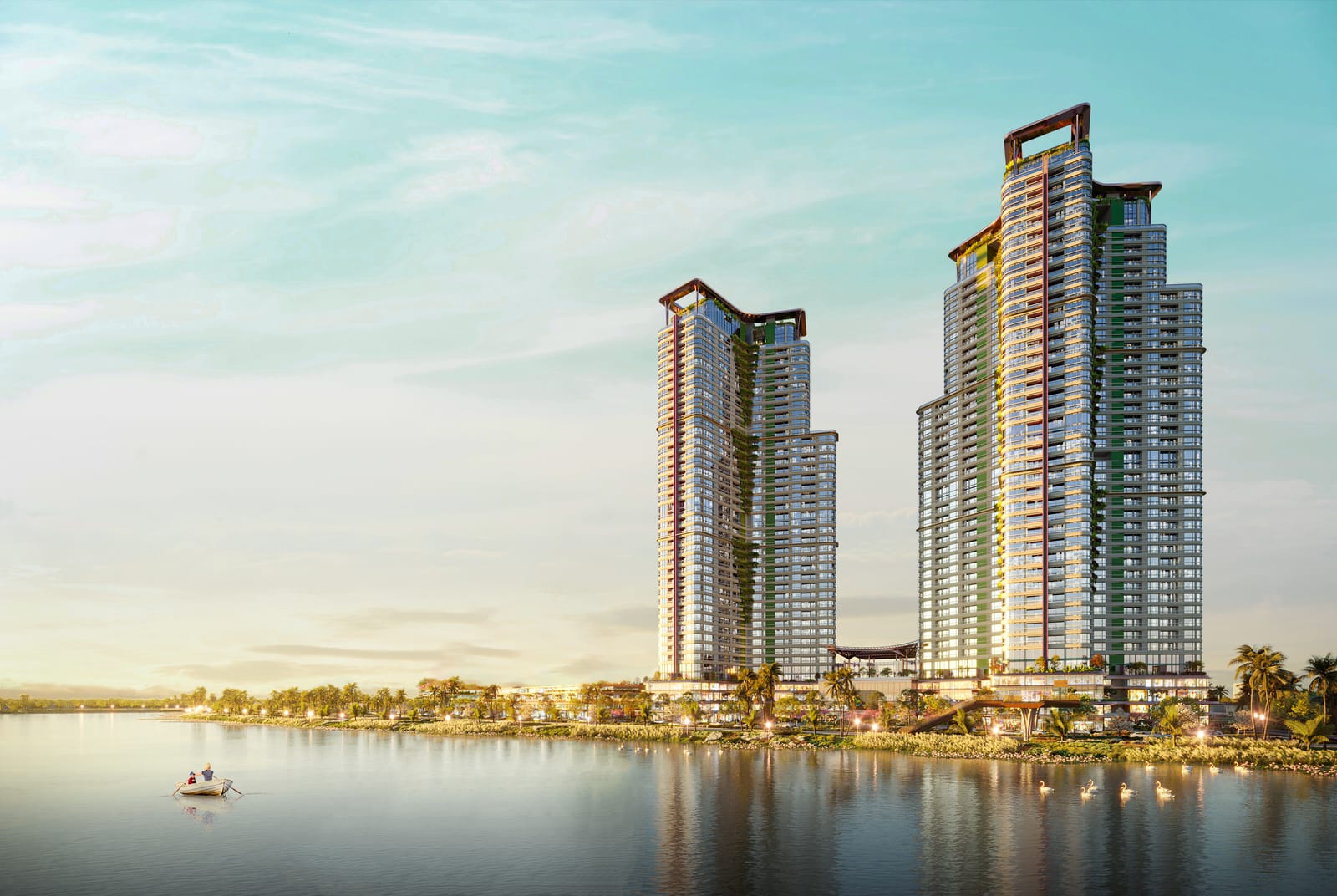 Hai toà nhà cao tầng bên hồ nhìn từ xa (ảnh minh hoạ: Ecopark)
